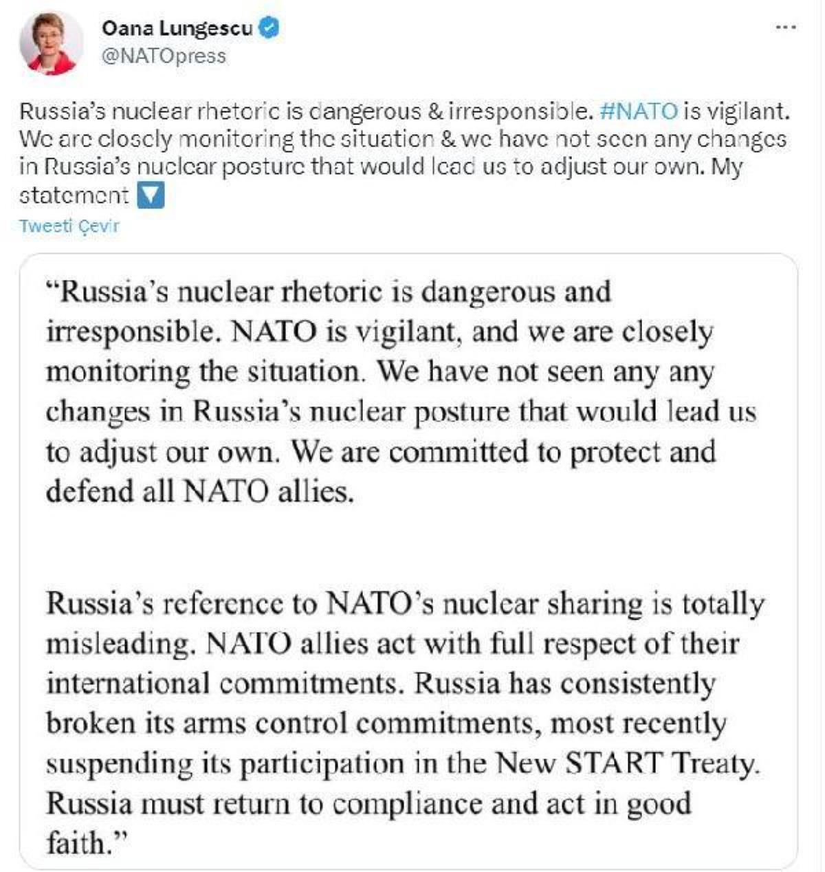 NATO: Rusya'nın nükleer söylemi sorumsuzca ve tehlikeli