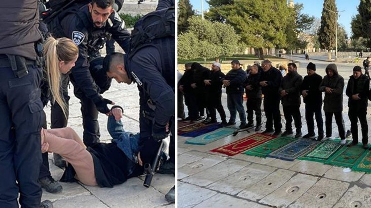Gece yarısı Mescid-i Aksa'ya baskın yapan İsrail polisinden bir skandal daha! Namaz kılmak isteyen cemaate pürüz oldular
