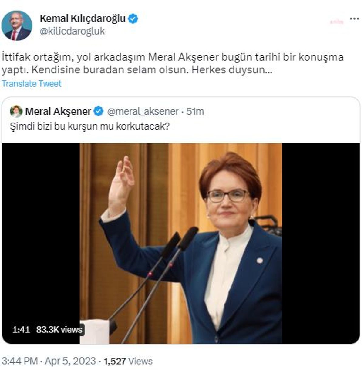 Kılıçdaroğlu: "İttifak Ortağım, Yol Arkadaşım Meral Akşener Bugün Tarihi Bir Konuşma Yaptı. Kendisine Buradan Selam Olsun"
