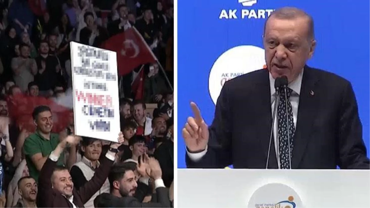Erdoğan, salonda kendisi için açılan pankarttan hoşlanmadı: Benim için söylemiyorsun değil mi?